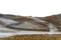 Car running on the rural curvy windy road after light snow, Northern Iceland