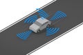 A car that runs automatically. A car running on the road. Radar out of the car. isometric