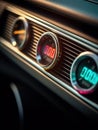 Car's dashboard with multiple dials and indicators. These include speedometer, tachometer, fuel gauge, and temperature Royalty Free Stock Photo