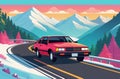 A car from the 80s drives along a winter mountain road. Bright drawing. Travelling by car