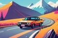 A car from the 80s drives along a winter mountain road. Bright drawing. Travelling by car