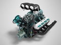 Car turbo engine black blue front perspective 3d render on gray background with shadow