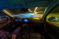 Movement of the car at night at a speed view from the interior, Brilliant road with lights with a car at high speed Royalty Free Stock Photo