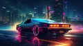 The car from 80s running down the neon-lit highway at night. Royalty Free Stock Photo