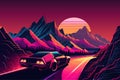 Car 80s style. Retro mountains sky style. Vector illustration