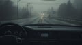 A car's windshield view while driving on a foggy, rainy, and slushy highway during a cold winter morning with poor