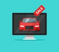 Car with sale badge in computer monitor vector illustration, flat cartoon automobile website page on desktop pc as