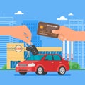 Car sale vector illustration. Customer buying auto from dealer concept. Salesman giving key to new owner. Royalty Free Stock Photo