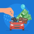 Car sale vector illustration. Customer buying auto from dealer concept. Salesman giving key to new owner. Royalty Free Stock Photo