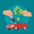 Car sale vector illustration. Customer buying car from dealer concept. Salesman giving key to new owner. Royalty Free Stock Photo