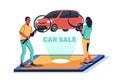 Car sales website, man and woman choosing car. People hold magnifier glasses. Customer buying automobile on sale