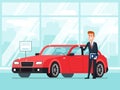 Car salesman in dealer showroom. New cars sales, happy seller shows premium vehicle to buyer cartoon concept
