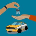 The car salesman and the key to the new owner. The concept of selling and renting car.