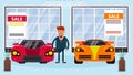 Car salesman manager stands between two cars for sale vector illustration. Royalty Free Stock Photo