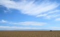 Lonely car in sandy desert under blue sky in nowere Royalty Free Stock Photo