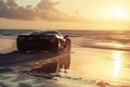 A car with sandy tire tracks drives along the beach, with the vibrant colors of the setting sun painting the sky, A sports car