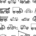 Car seamless pattern, black and white cartoon background, coloring book, monochrome drawing. Black and white cars on a