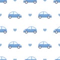 Car seamless pattern vector illustration isolated on white background. Cute hand-drawn blue cars and lovely hearts.