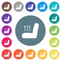 Car seat heating flat white icons on round color backgrounds
