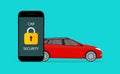 Car security. Lock of security on vehicle. Guard of auto against theft in mobile app. Icon of safety of car. Badge for anti theft Royalty Free Stock Photo