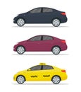 Car sedan mockup. Yellow taxi mockup. Realistic cars with shadows isolated on white background. Sedan, hatchback, suv, combi, Royalty Free Stock Photo