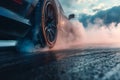 A car is seen driving down a road as smoke billows out of the vehicle, A close up of sport cars tires skidding and smoking on the Royalty Free Stock Photo