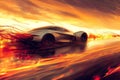 A car is seen driving through a sky filled with raging flames, creating a dramatic and intense scene, A sleek, silver sports car Royalty Free Stock Photo