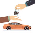 Car seller hand giving key to buyer. Buying or renting business vector concept Royalty Free Stock Photo