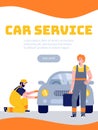 Car service banner or card with mechanics characters, flat vector illustration. Royalty Free Stock Photo