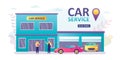 Car service banner template. Office and garage building, modern autos. Handsome manager and repairman at wor