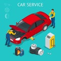 Car service center. Car service work process isometric with workers repairing and testing the car and different tools