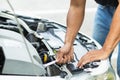 car service center mechanics are checking condition car and engine make sure they are ready use and in perfect condition according Royalty Free Stock Photo