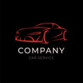 Car service company logo with sport vehicle silhouette on black background. Modern template label of auto dealer.