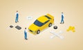 Car service concept with team engineer technician mechanic with car and money as maintenance service with isometric modern flat