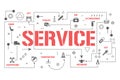 Car service concept with thin line icons of mechanic, computer diagnostics, tools, wheel, battery, transmission, jack. Modern