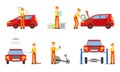 Car Service Elements Set, Male Auto Mechanics in Uniform Repairing, Washing Cars, Testing Vehicles Vector Illustration