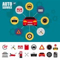 Car service flat icon set. Auto mechanic service flat icons of maintenance car repair and working. Auto mechanic design concept se