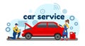 Car service. Garage maintenance by auto mechanic. Automotive diagnostics. Automobile repair center. Workshop vehicle