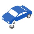 Car service icon isometric vector. Passenger car in process of changing wheel