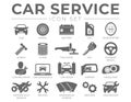 Car Service Icons Set with Battery, Oil, Gear Shifter, Filter, Polishing, Key, Steering Wheel, Diagnostic, Wash, Mirror, Headlamp