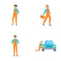 Car service icons set cartoon vector. Auto mechanic repairing car