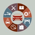 Car service icons set isolated in round chart. Auto service infographics. Vector illustration.