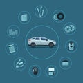 Car service Infographics icons set. Auto service and car repair icons in round chart with the car. Flat style. Vector Royalty Free Stock Photo