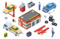 Car service isometric concept. Vector venicle, tire service illustration. Cars, building, repair tools, tires