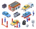 Car service isometric. People repair cars with auto industrial equipment. Technicians replace vehicle part, wheels