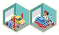 Car service isometric. People repair cars with auto industrial equipment. Technicians replace vehicle wheels