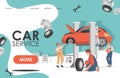 Car service landing page template. Auto mechanics repair wheels, checking problems vector flat illustration.