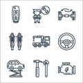 car service line icons. linear set. quality vector line set such as engine, tools, lifter, steering wheel, crane, shock absorber, Royalty Free Stock Photo