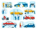 Car service, mechanic and auto maintenance repair, tire service set of vector illustrations. Automobile check up Royalty Free Stock Photo