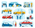 Car service, mechanic and auto maintenance repair, tire service set of vector illustrations. Automobile check up Royalty Free Stock Photo